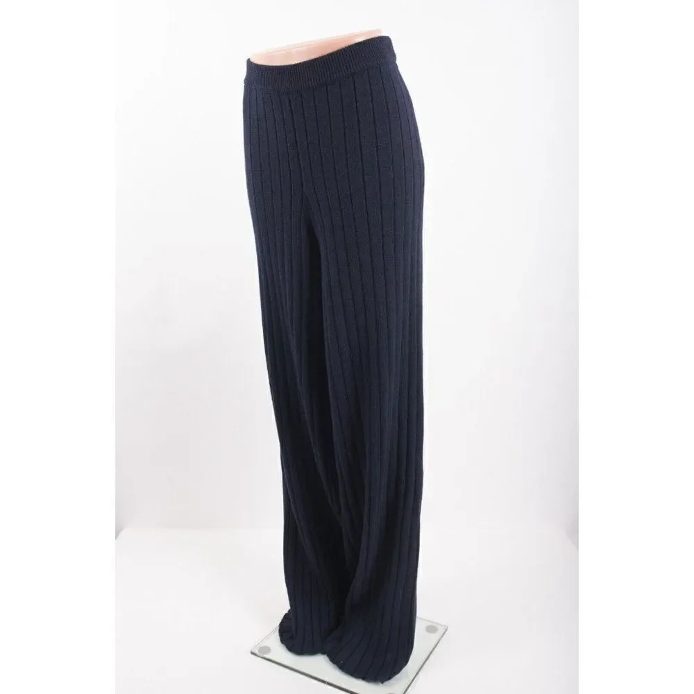 St. John Womens Knit Wide Leg Ribbed Pants L Navy Blue 100% Wool K814023 NWT - Picture 3 of 10